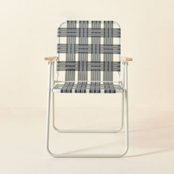 Folding Lawn Chair – Hearth &‎ Hand Magnolia – Blue Gray Plaid Wood Arms - Picture 1 of 9